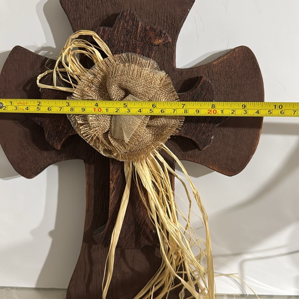 Rustic Brown Wooden Cross with Burlap Flower - Picture 4 of 6